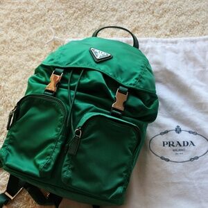 Prada Enameled Metal Triangle Green Backpack
